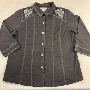 Susan Graver Women’s size Large Black Silver Western Button Up shirt 3/4 sleeve